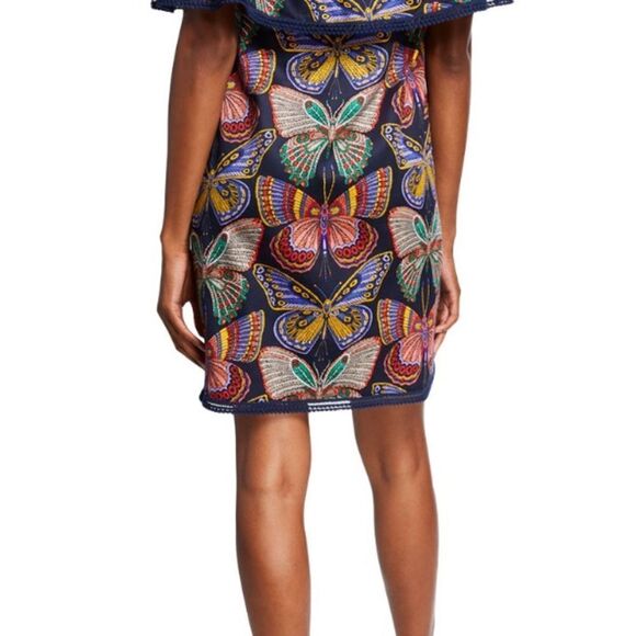 Trina Turk Summer Dress Butterfly Print Off Shoulder Black Colorful Mini XS - Picture 2 of 11